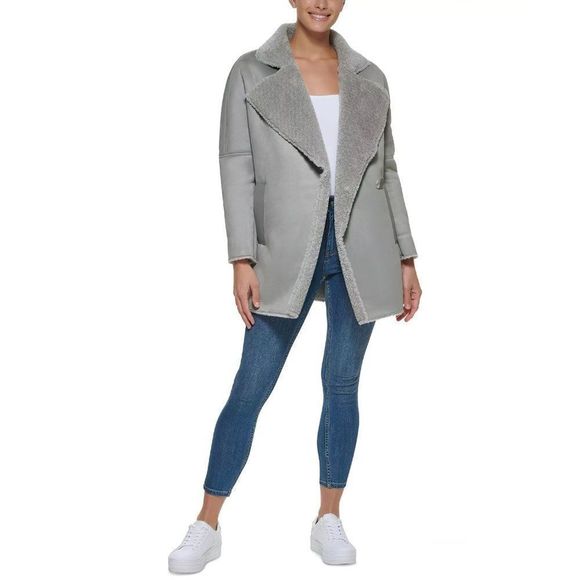 Calvin Klein Women's Faux Fur Long Sleeve Shearling Coat Gray - Picture 3 of 12